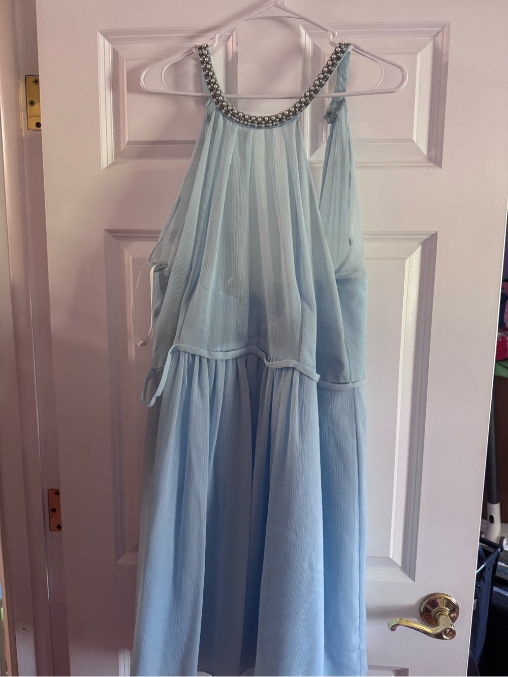 David's Bridal Light Blue Pleated Halter Midi Dress with Beaded Neckline